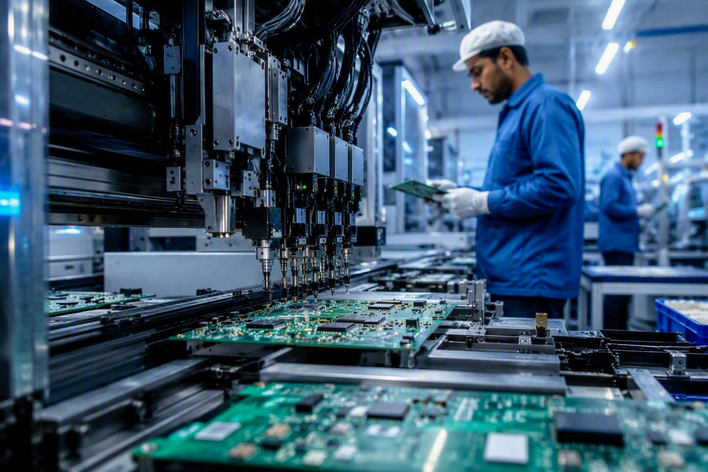 Advanced SMT pick-and-place machine assembling printed circuit boards on an automated electronics manufacturing line, with quality inspection taking place in a modern, clean production facility.
