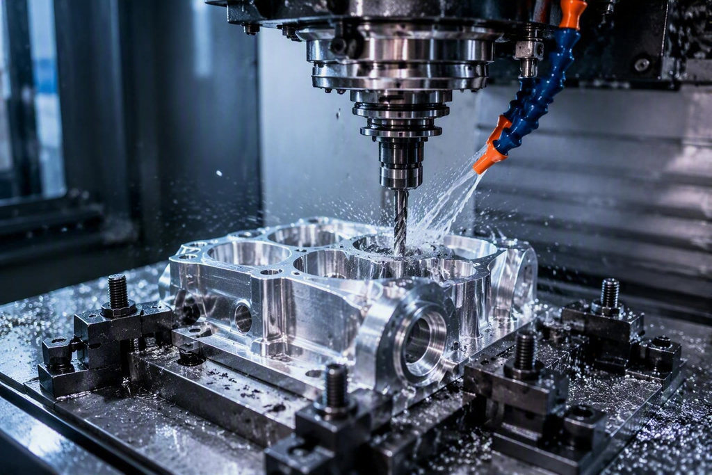 High-precision CNC milling machine machining an aluminum component with coolant spray, showcasing advanced manufacturing, tight-tolerance engineering, and precision metal fabrication in a modern production facility.